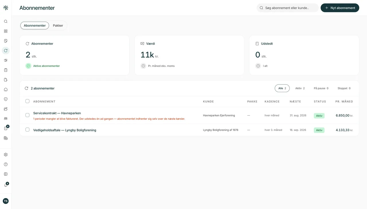 Screenshot from Rieck: the subscription overview with the number of active subscriptions, recurring value per month and invoices issued — and two agreements in the table with customer, cadence, next date and amount.