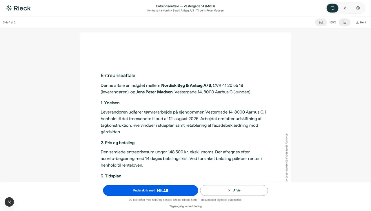 Screenshot from Rieck Sign: the agreement as the recipient sees it in the browser. The full document in plain text, the “Sign with MitID” and “Decline” buttons at the bottom, and the note that you confirm with MitID and are sent straight back, after which the document is signed automatically.
